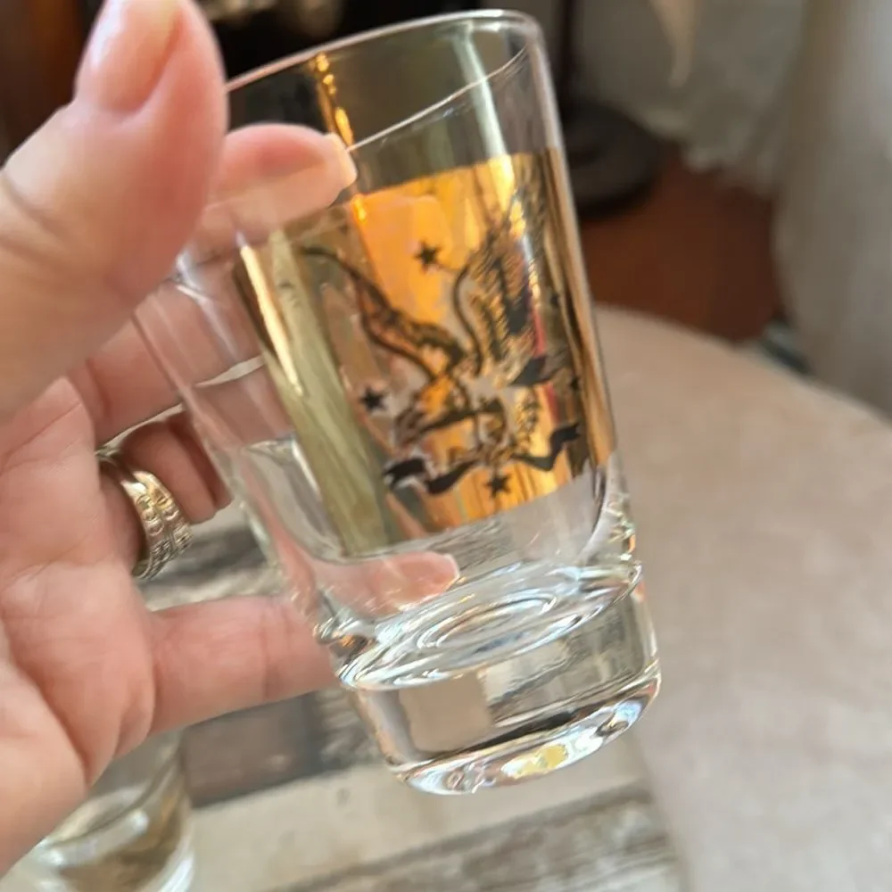 VTG *Federal Gold American Eagle* Stars! Set of 2 Cordial Shot Glasses